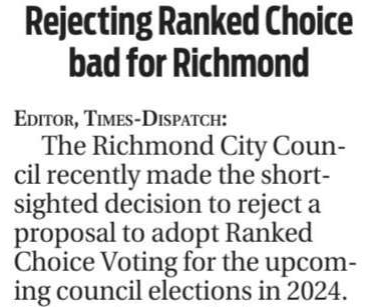 Letter to the Editor: Rejecting Ranked Choice Voting bad for Richmond